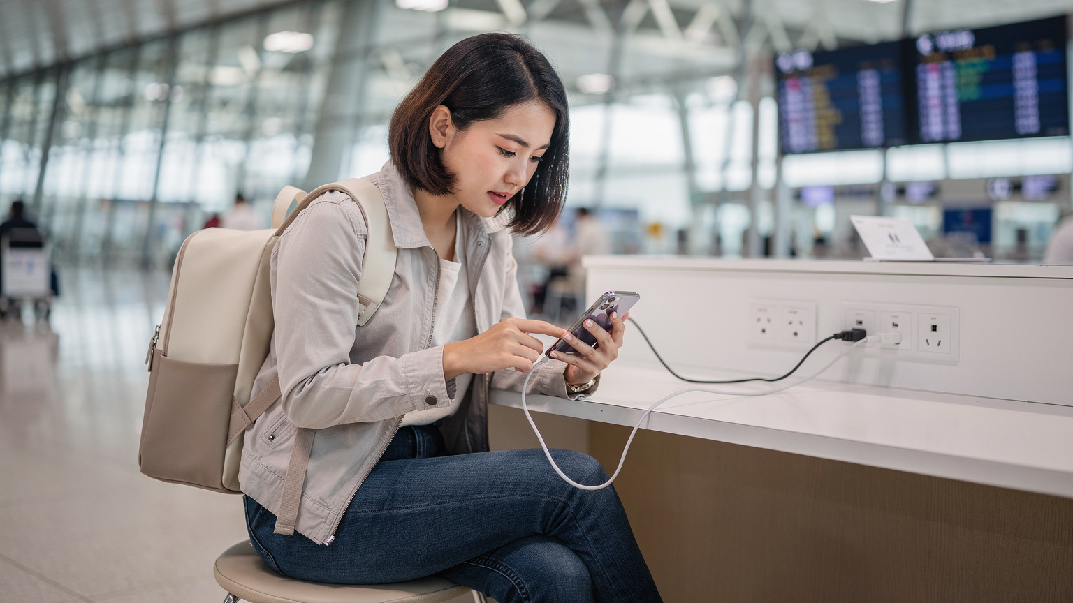 Một người phụ nữ trẻ đang kiểm tra cài đặt trên iPhone của mình tại sân bay Nội Bài, chuẩn bị cho chuyến bay quốc tế.