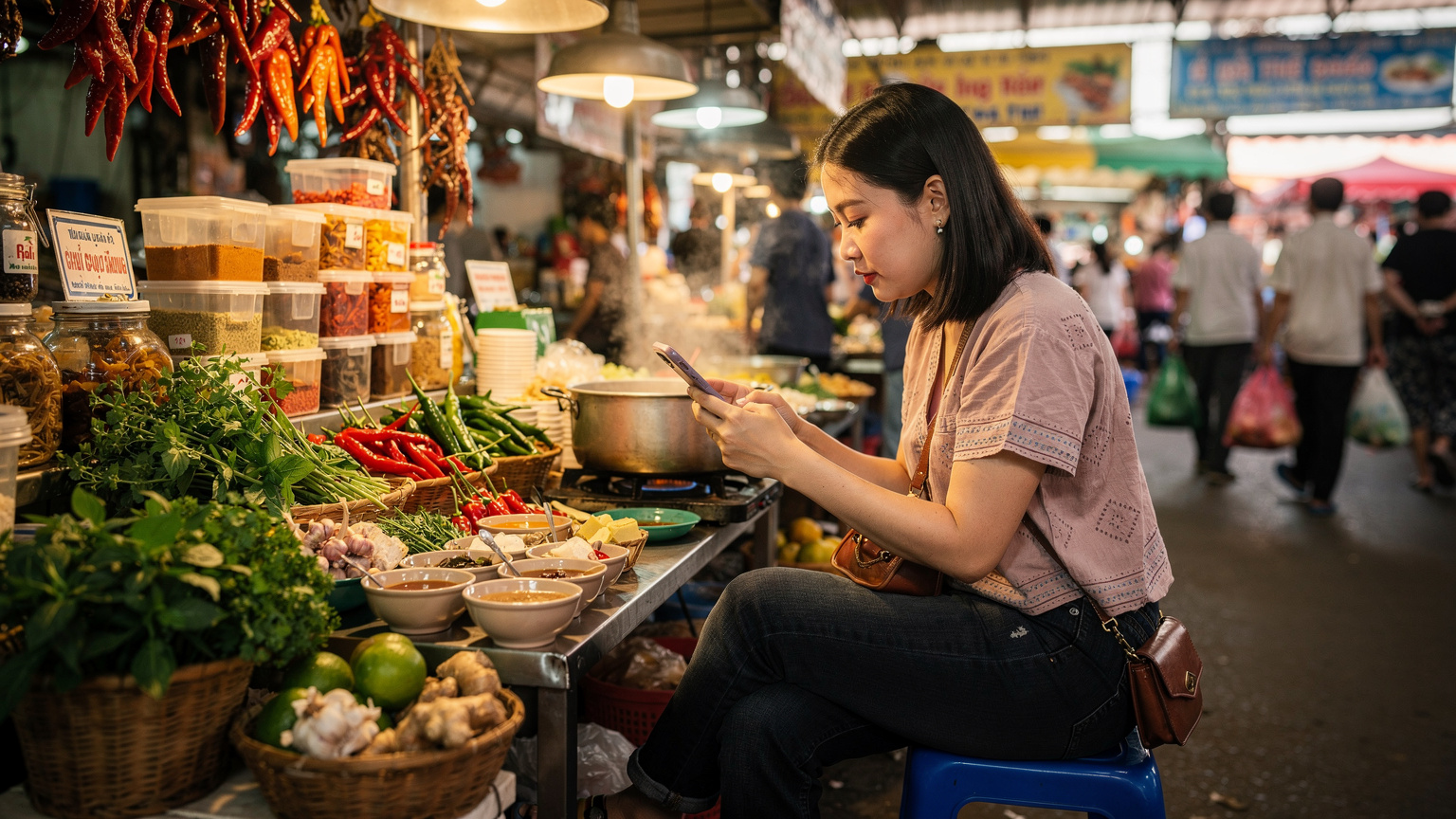 Một người phụ nữ trẻ đang ngồi tại quầy hàng rong ở chợ Bến Thành, Thành phố Hồ Chí Minh, mua một gói eSIM du lịch quốc tế trên điện thoại của mình.