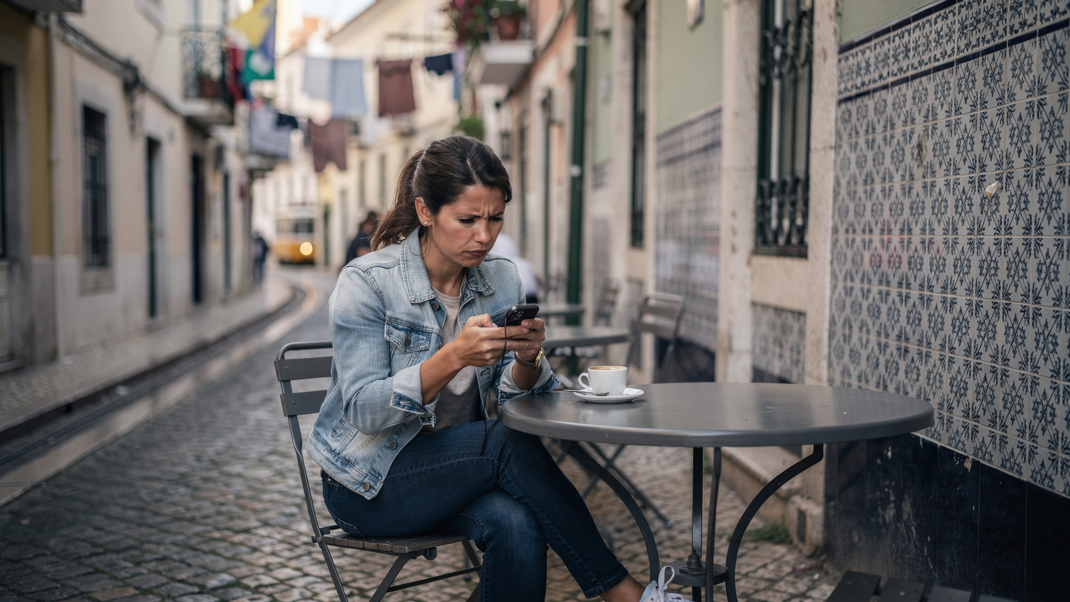 Uma mulher em Lisboa, sentada em um café tradicional, olhando seu telefone com uma expressão de frustração, talvez com problemas de conexão ou dados.
