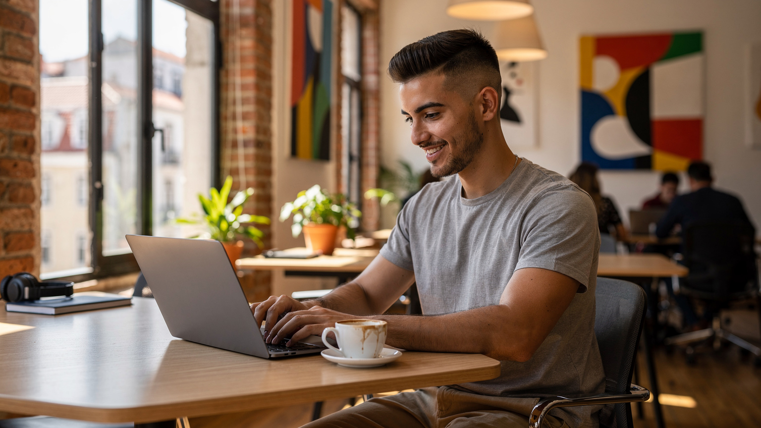 A digital nomad in a bustling Lisbon co-working space, demonstrating the ease of using an eSIM-enabled laptop.