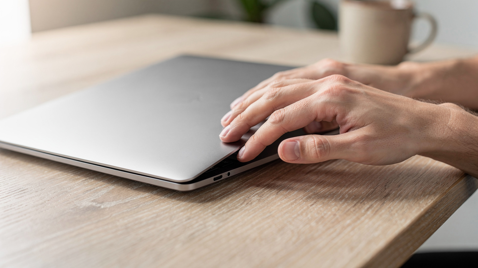 A close-up shot of hands interacting with a laptop, highlighting the seamless setup of an eSIM plan.