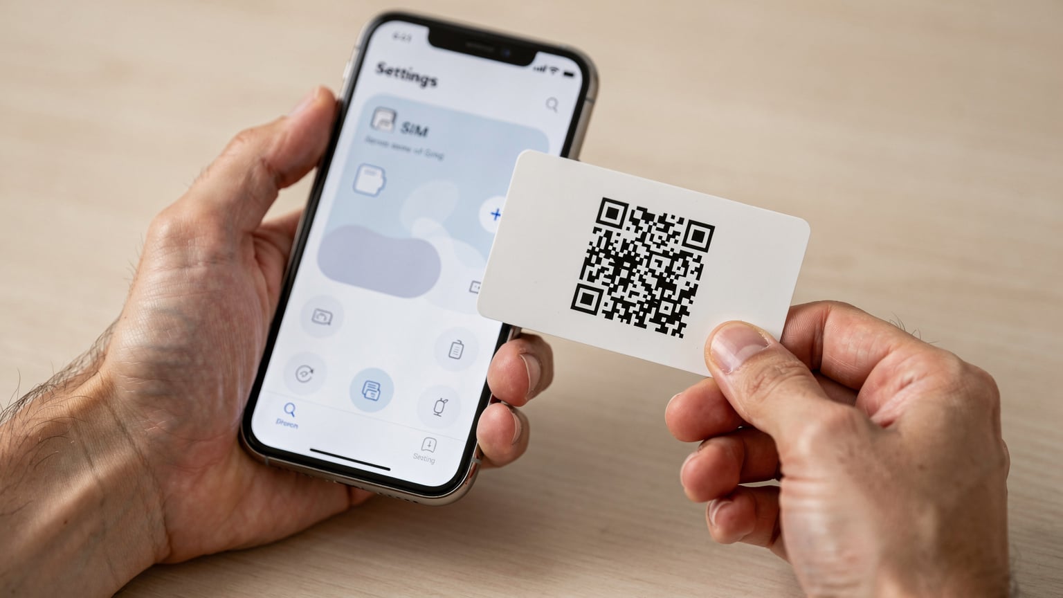 Close-up shot of human hands, one holding an iPhone displaying the 'Add eSIM' option in the settings menu, while the other hand holds a small paper card with a crisp, black eSIM QR code, ready to be scanned.