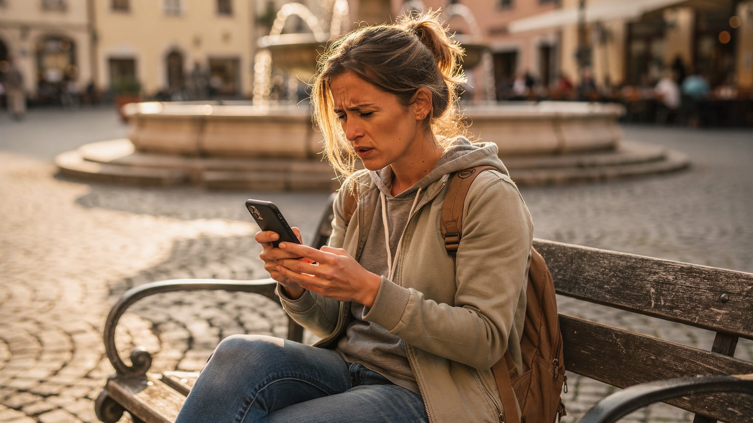 A budget traveler, early thirties, looking frustrated at her smartphone showing an eSIM activation error, sitting on a weathered wooden park bench in a charming, sun-drenched European city square, with a blurred historic fountain in the background.