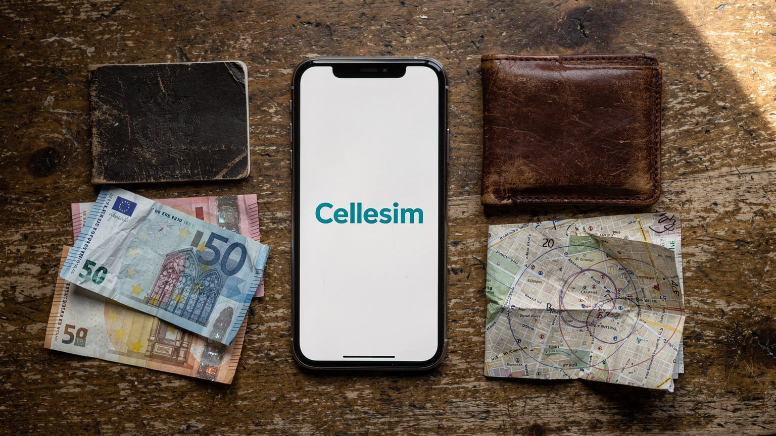 An editorial overhead flat-lay of essential budget travel items: a worn passport, a smartphone displaying the Cellesim eSIM logo, a handful of crumpled Euro banknotes, a small, well-used leather wallet, and a folded, annotated paper map of Paris, all on a rustic wooden table.