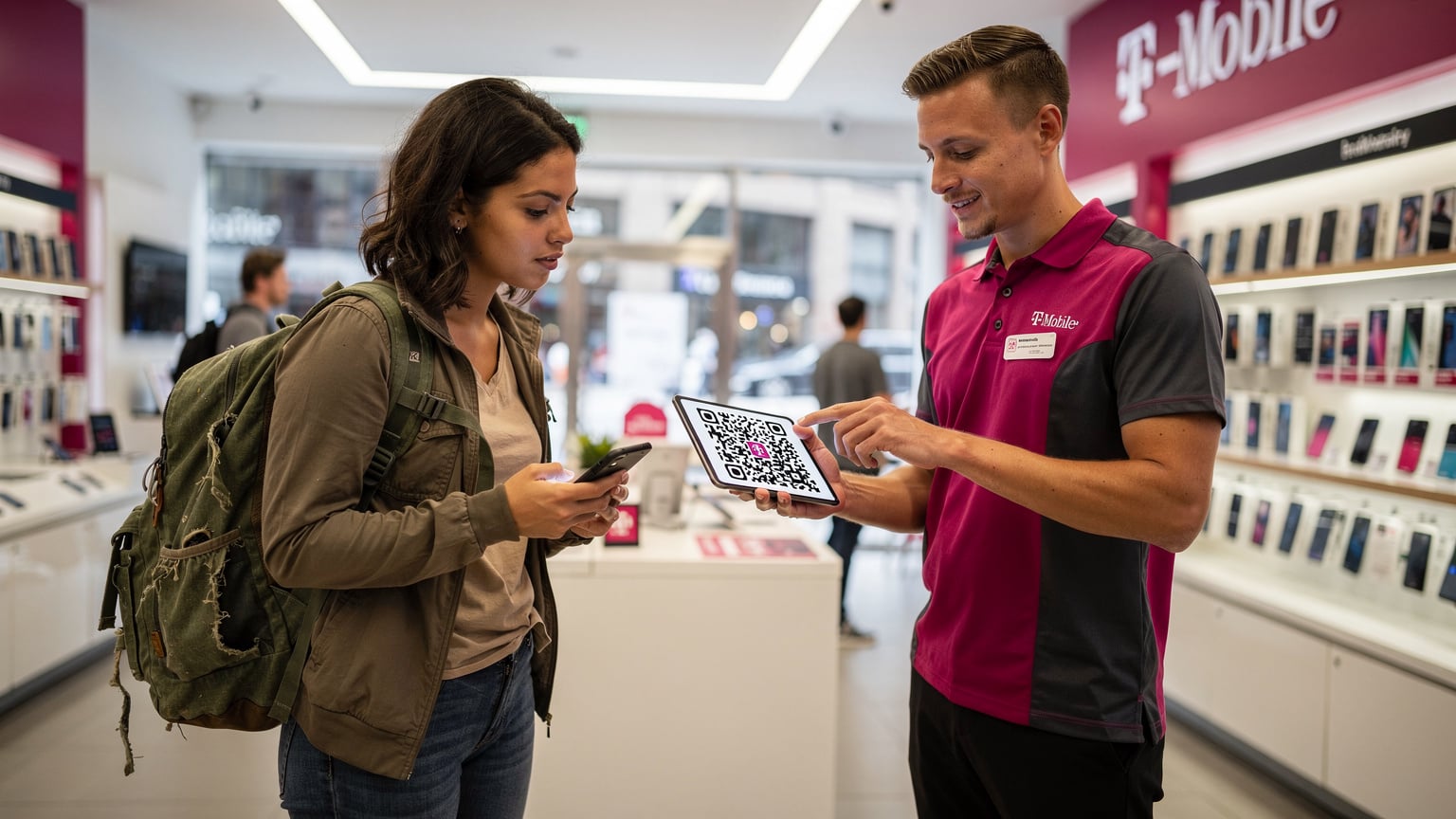 A budget traveler, mid-twenties, with a faded green backpack, standing in a brightly lit T-Mobile store, holding her smartphone while a friendly store assistant points to an eSIM QR code displayed on a tablet. The traveler has a slight frown of concentration.