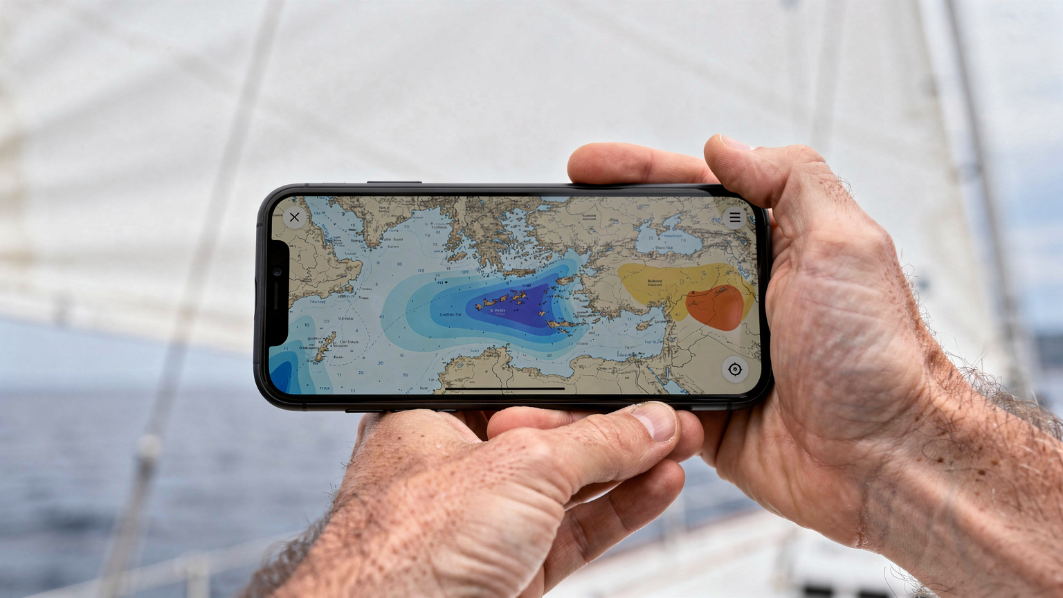 En hand håller en smartphone som visar en karta över den kroatiska kusten med täckningsområden, med ett segel i bakgrunden.