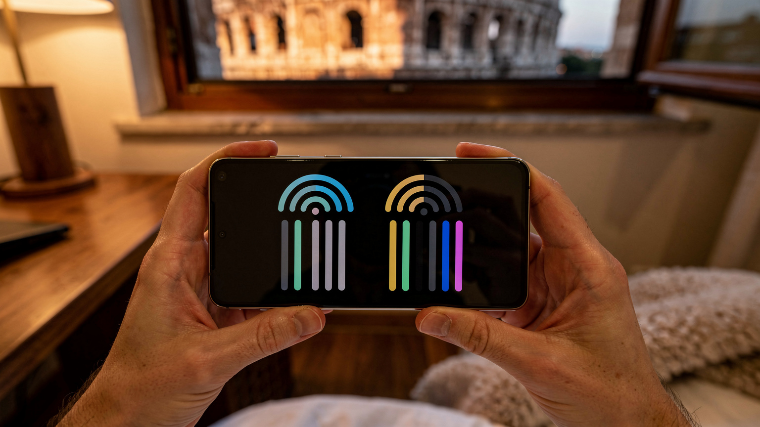 एक व्यक्ति अपने डुअल-सिम Samsung Galaxy S26 Ultra की स्क्रीन पर दो अलग-अलग नेटवर्क के सिग्नल बार देख रहा है।