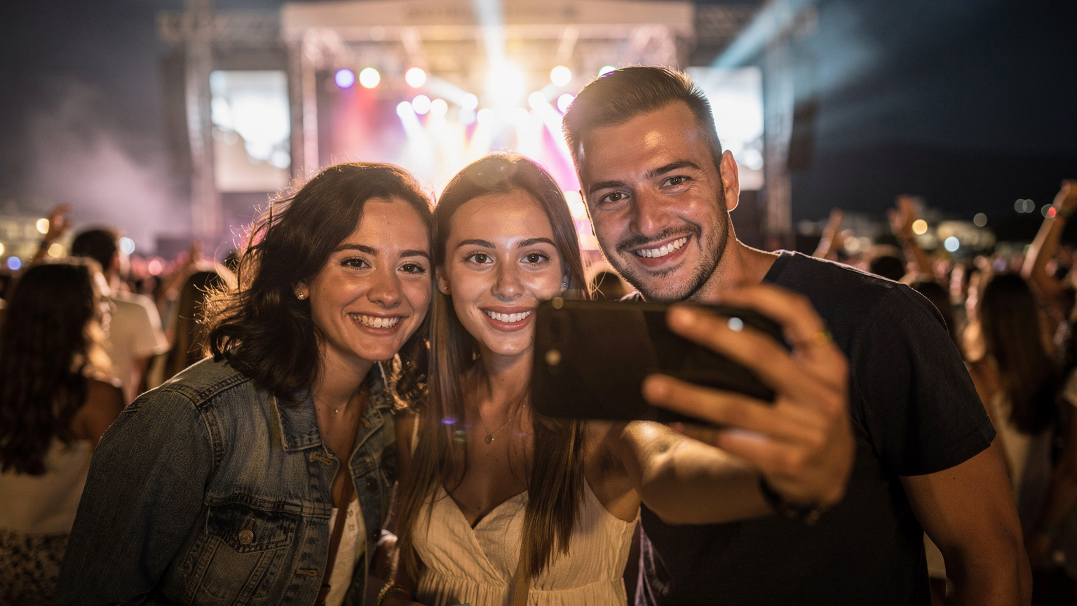 Μια ομάδα φίλων χαμογελά και ποζάρει για μια selfie σε ένα φεστιβάλ στην Ελλάδα, με τη σκηνή και τα φώτα στο βάθος.
