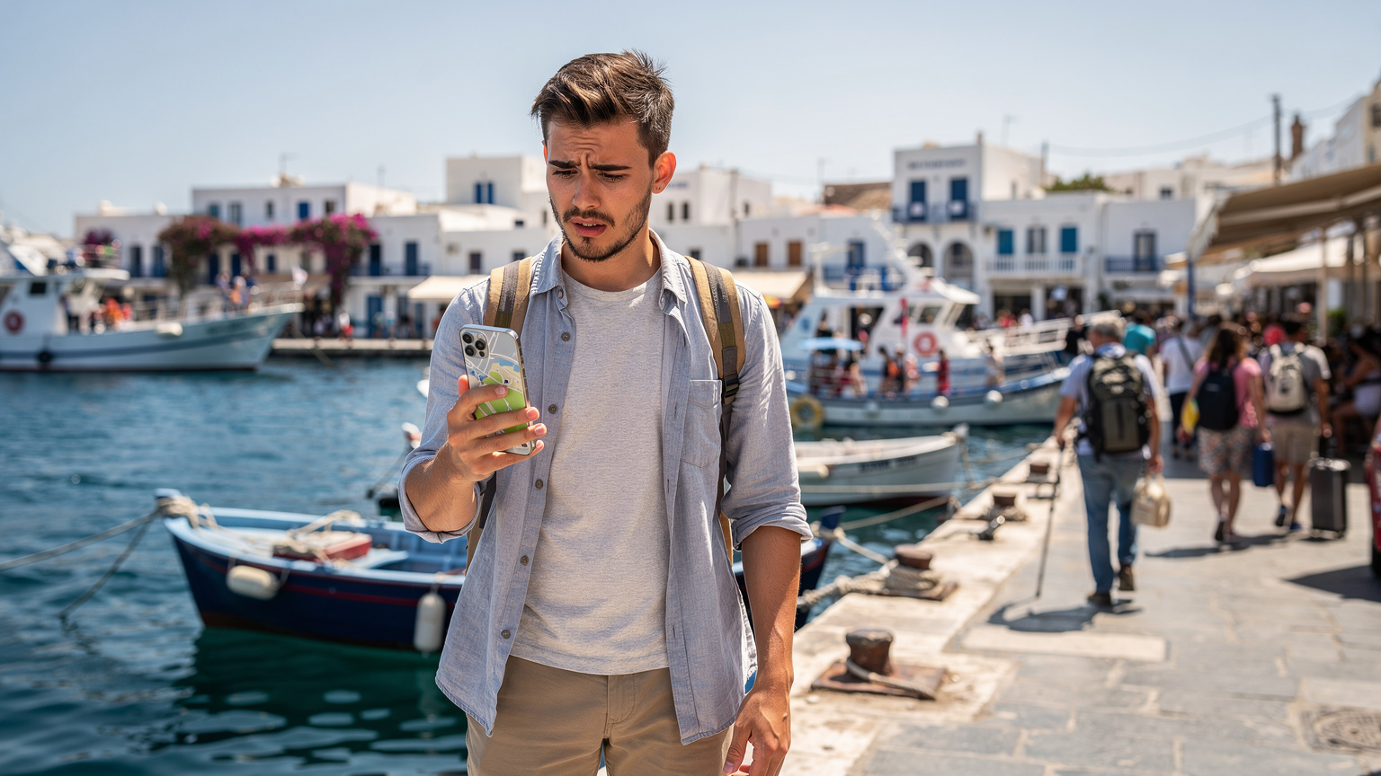 Ένας ταξιδιώτης με ένα iPhone 18 στο χέρι, ελέγχει την εφαρμογή χαρτών ενώ βρίσκεται σε ένα πολυσύχναστο λιμάνι των Κυκλάδων, με πολλά πλοία και κόσμο γύρω του.