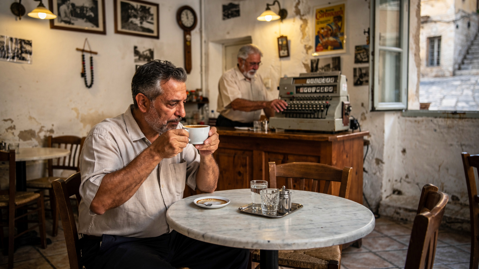 Ένα παραδοσιακό ελληνικό καφενείο με έναν πελάτη να πίνει ελληνικό καφέ, ενώ στο φόντο διακρίνεται ένα φιλικό πρόσωπο να χειρίζεται ένα παλιό ταμείο.