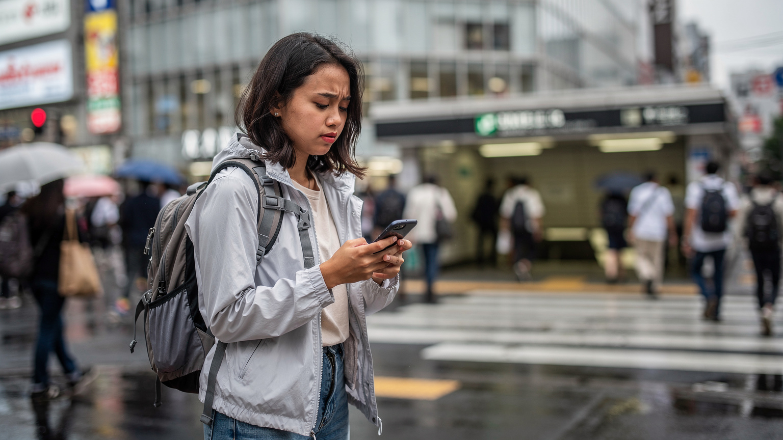 Seorang backpacker wanita muda Indonesia terlihat cemas sambil mencoba mencari sinyal di smartphone-nya di luar stasiun kereta bawah tanah yang ramai di Shibuya, Tokyo, dengan papan nama stasiun terlihat samar di latar belakang.