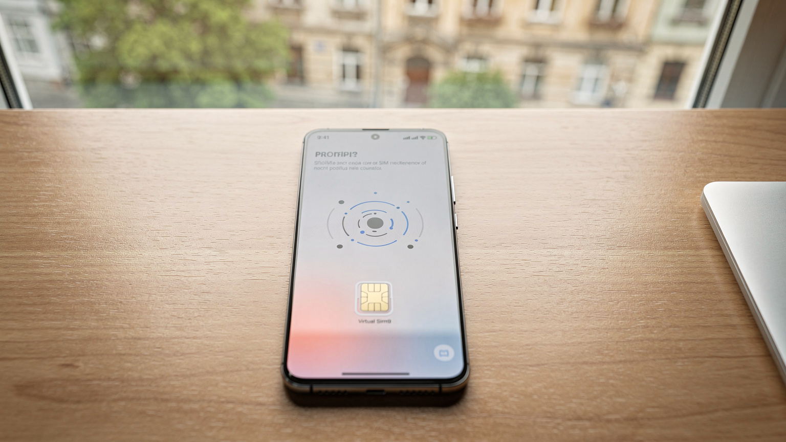 Сучасний смартфон з віртуальною SIM-карткою на екрані, що відображає налаштування мережі, на фоні вікна затишного коворкінгу у Львові.