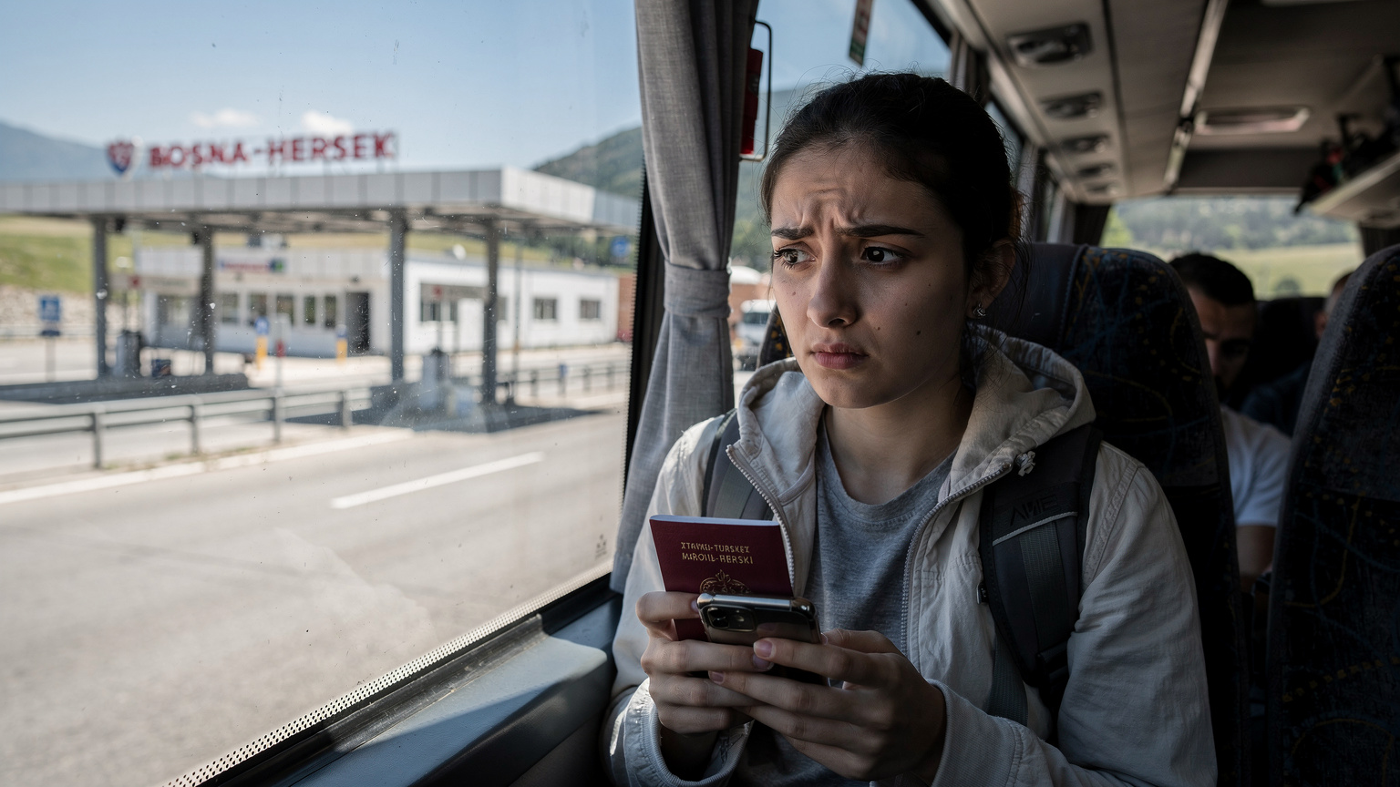 Bosna-Hersek'te bir sınır kapısında, bir otobüsün penceresinden dışarı bakan endişeli bir gezginin yüzü, elinde pasaportu ve telefonunu tutuyor.