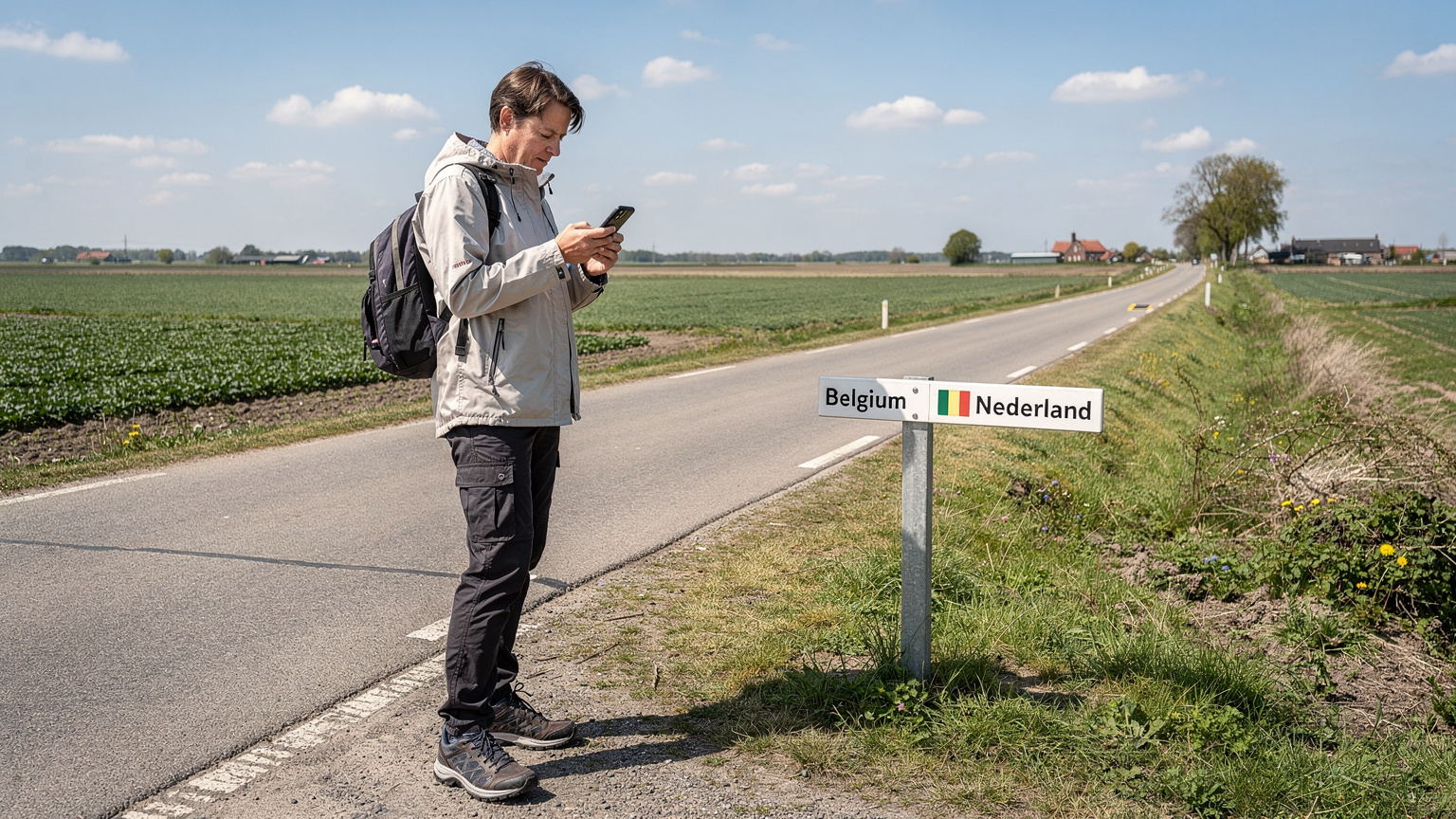 Een persoon staat met een smartphone in de hand bij een grensovergang tussen België en Nederland, waarbij de nadruk ligt op de soepele overgang en connectiviteit zonder onderbreking.