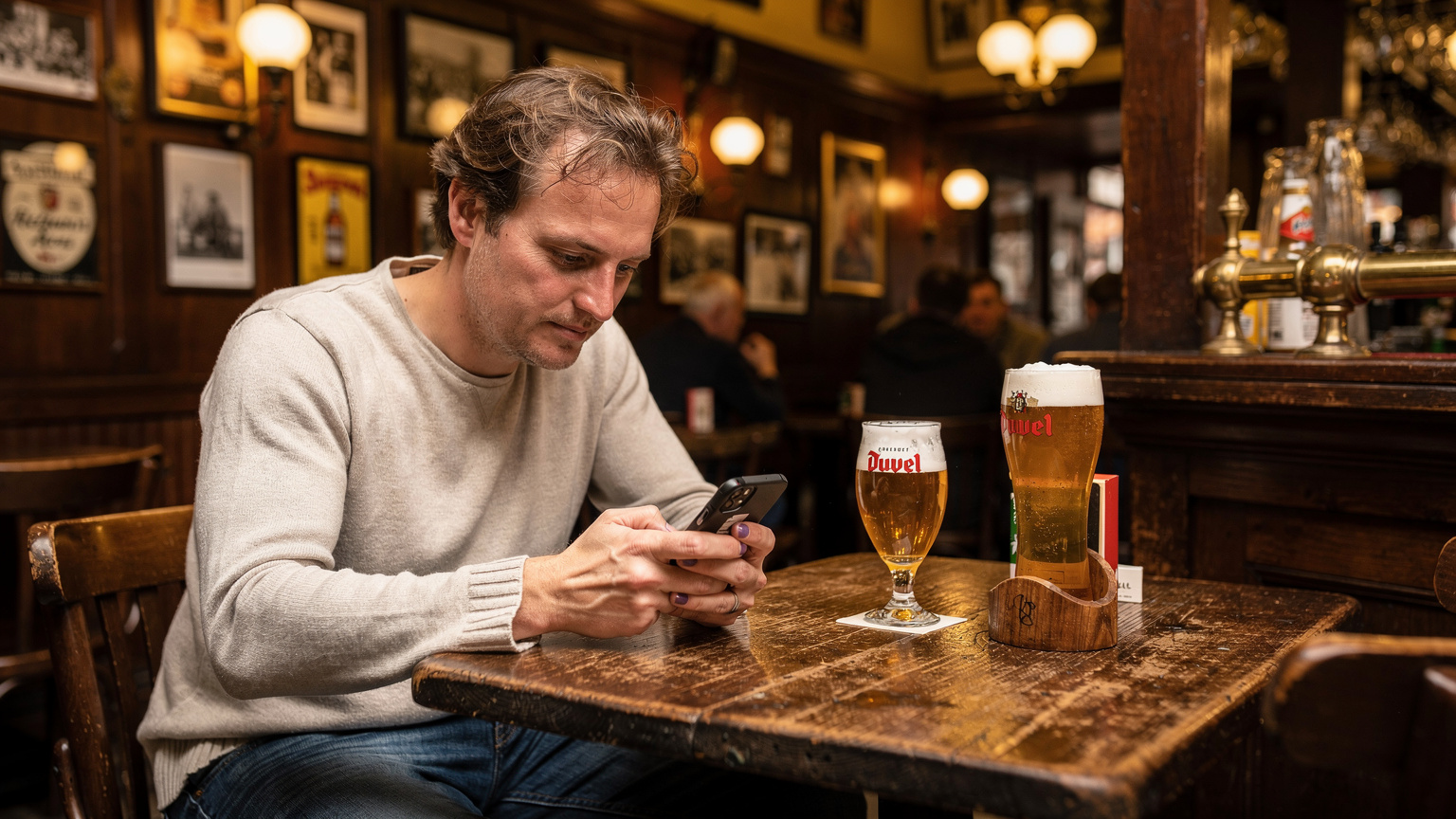 Een persoon zit geconcentreerd in een gezellige, sfeervolle Belgische brouwerij, met een smartphone en een lokaal biertje op tafel, en maakt gebruik van de eSIM om online te zijn in een ontspannen setting.