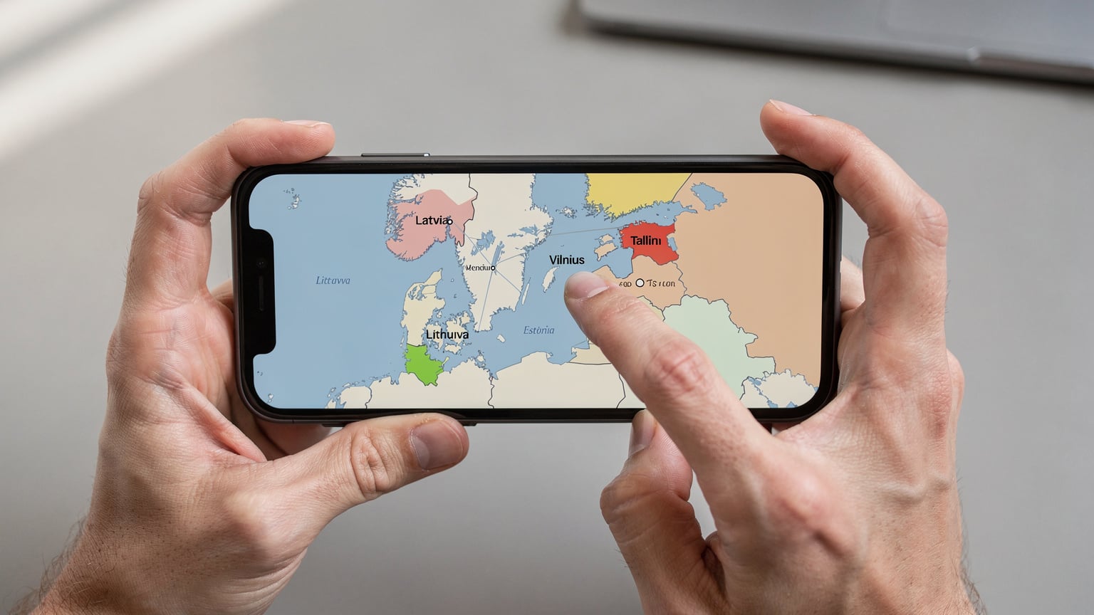 Eine Karte der baltischen Staaten Litauen, Lettland und Estland wird auf einem Smartphone-Bildschirm angezeigt, während eine Hand darauf tippt, um eine Reiseroute zu markieren.