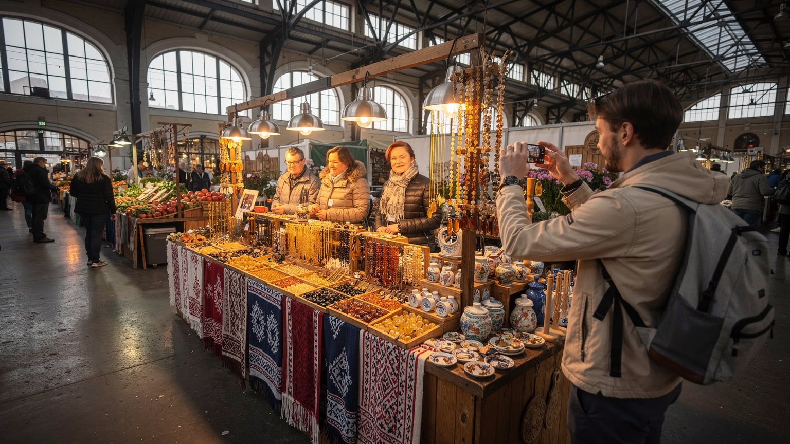 Ein geschäftiger baltischer Marktstand in Riga, Lettland, mit lokalen Handwerkern, die ihre Waren anbieten, und einem Reisenden, der mit seinem Smartphone ein Foto macht.