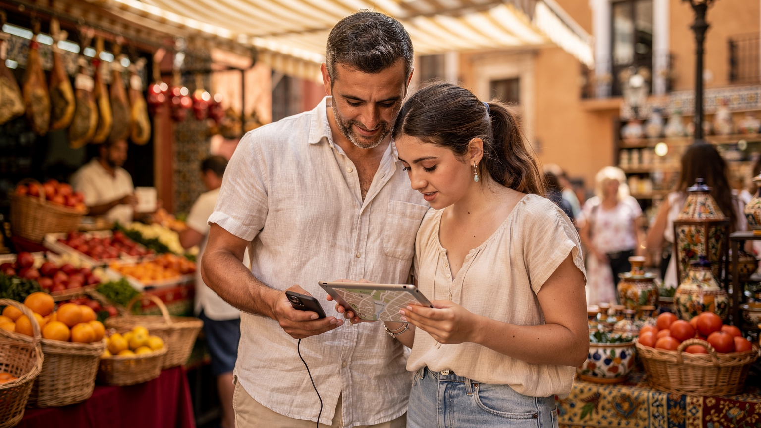 Un padre e sua figlia adolescente stanno guardando una mappa digitale su un tablet, connessi tramite l'hotspot dello smartphone del padre, in un vivace mercato all'aperto di Siviglia.