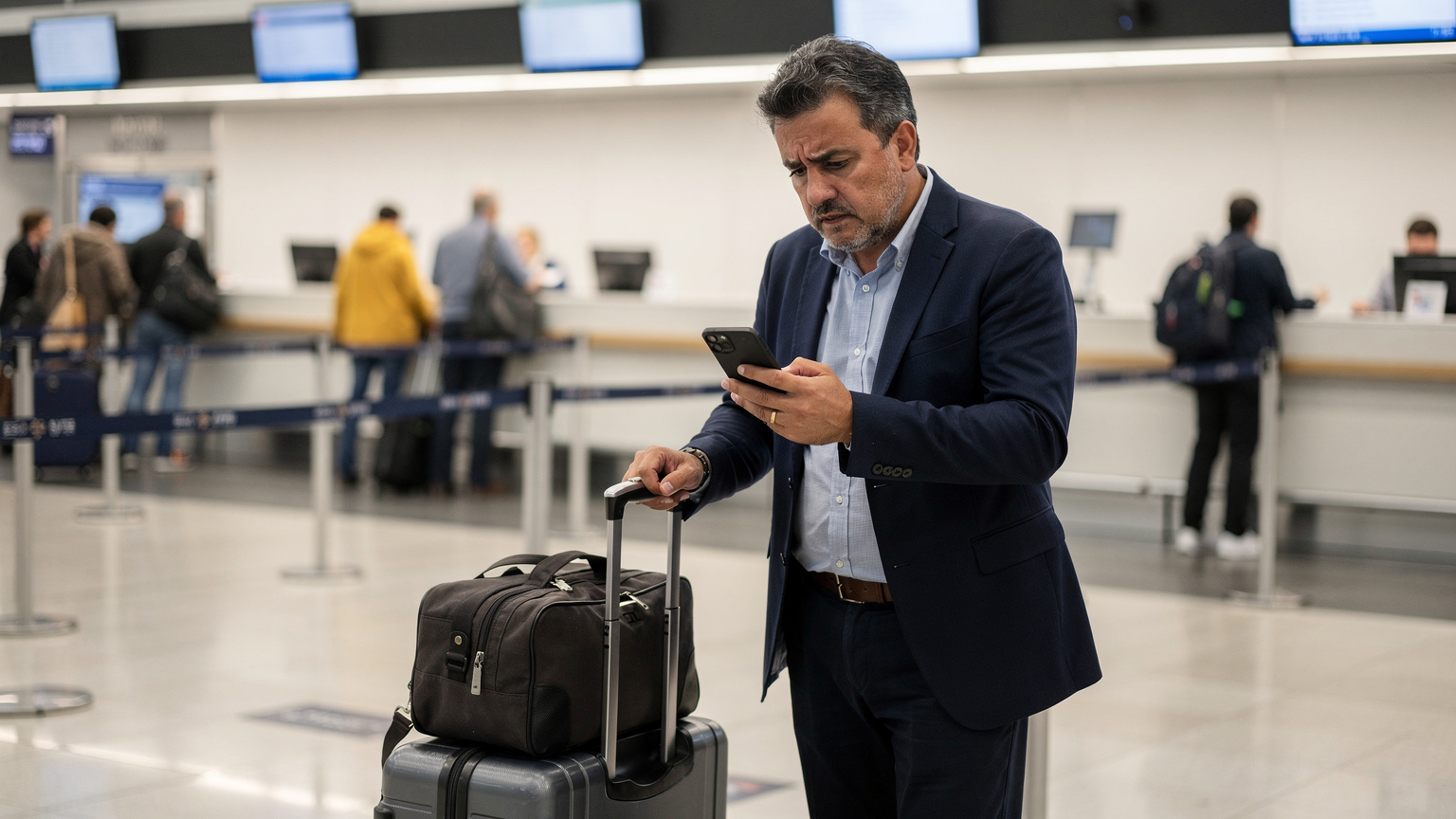 Un uomo italiano con uno sguardo preoccupato guarda il suo smartphone all'aeroporto di Fiumicino, con le valigie da viaggio accanto a lui, mentre sul display appare un avviso di costi di roaming elevati.