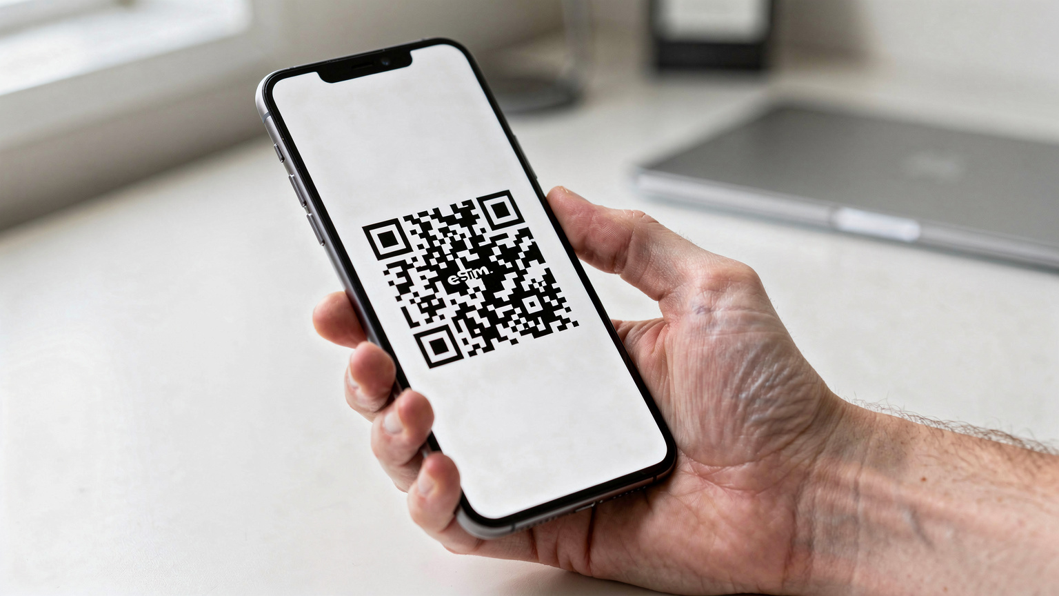 Una mano tiene uno smartphone con il display che mostra un codice QR, pronto per essere scansionato per l'attivazione di un'eSIM, su una superficie di scrivania pulita.