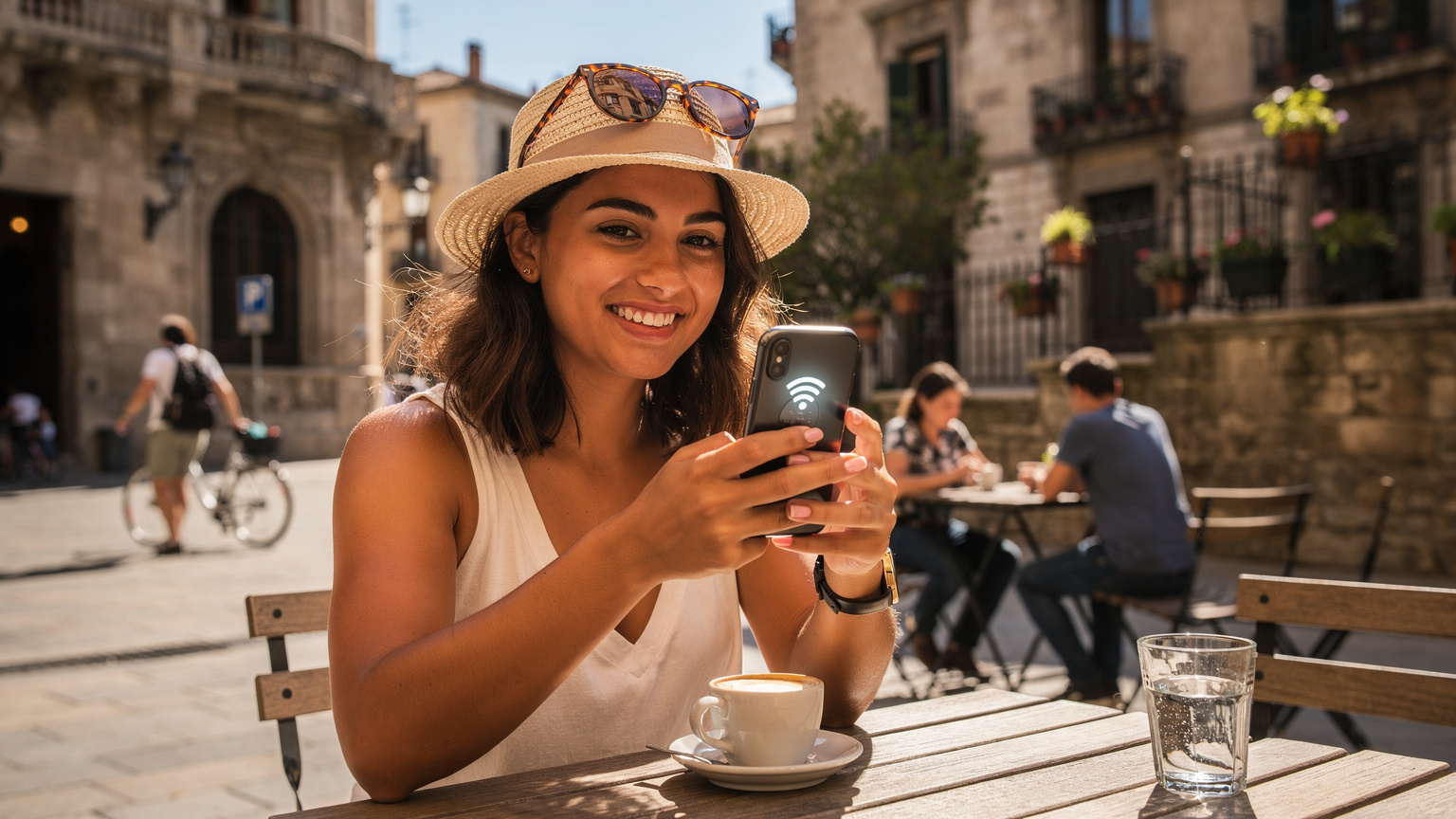 Una giovane donna italiana sorride soddisfatta tenendo il suo smartphone con un'eSIM attiva, mentre è seduta a un caffè all'aperto in una piazza vivace di Barcellona.