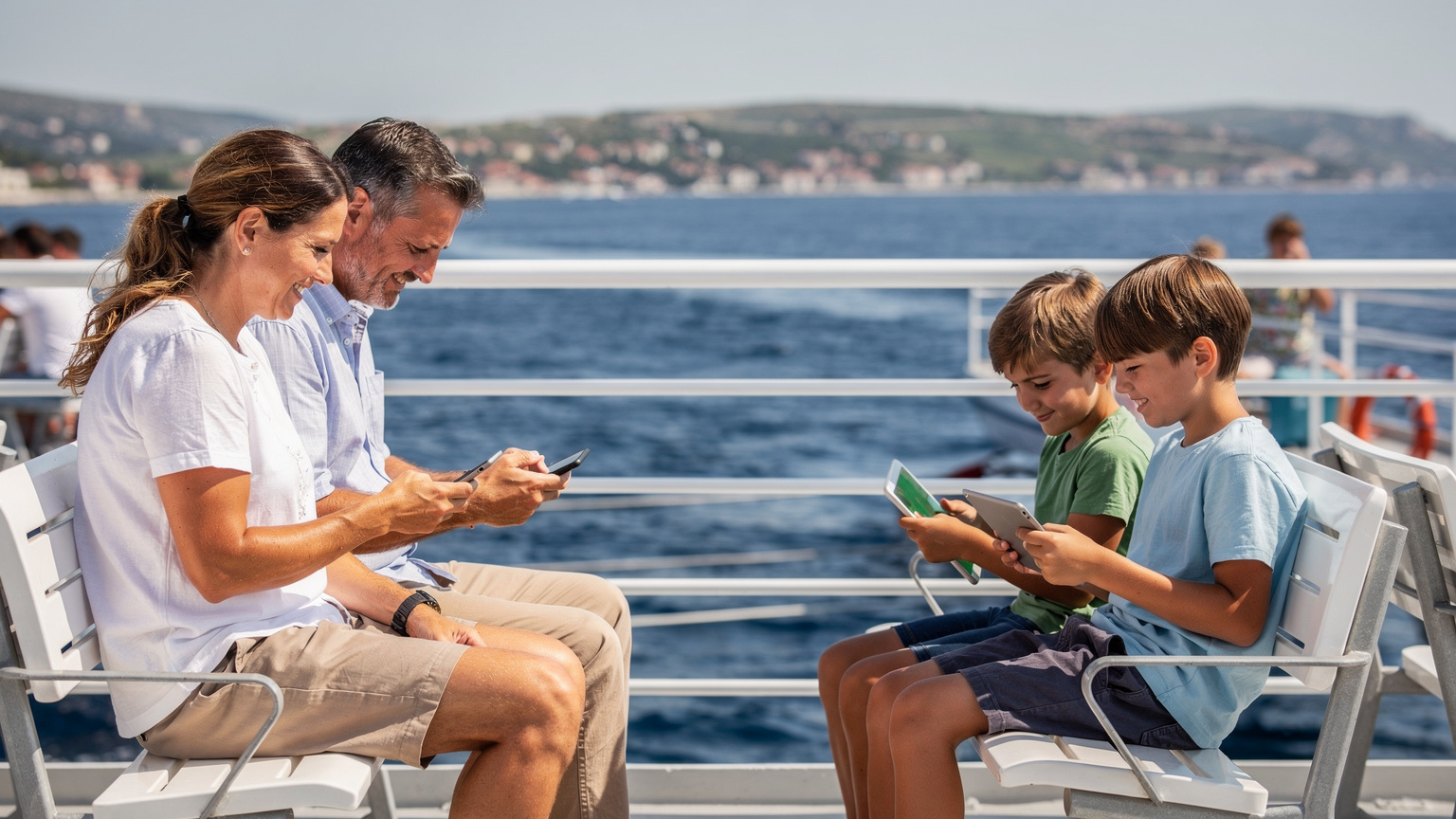 Mama a otec na palube trajektu na Jadrane, každý s vlastným smartfónom, kontrolujú eSIM aplikáciu, zatiaľ čo ich deti hrajú na tablete, s modrým morom a pobrežím v pozadí.