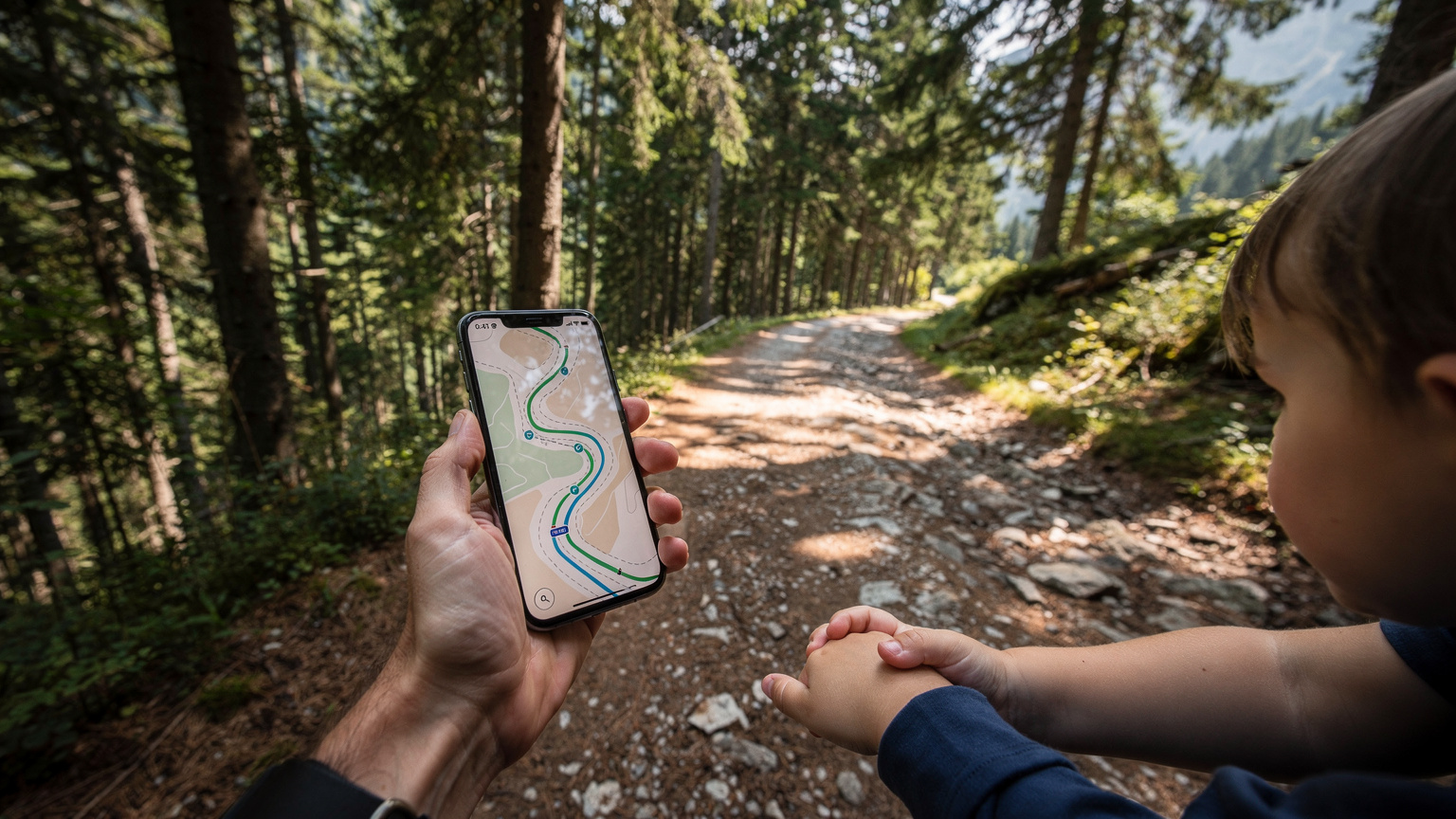 Ruka rodiča ukazuje na mapu v turistickej aplikácii na smartfóne s eSIM, zatiaľ čo druhá ruka drží detskú ruku na lesnej ceste v slovenských Tatrách, symbolizujúcu bezpečné pripojenie a navigáciu.