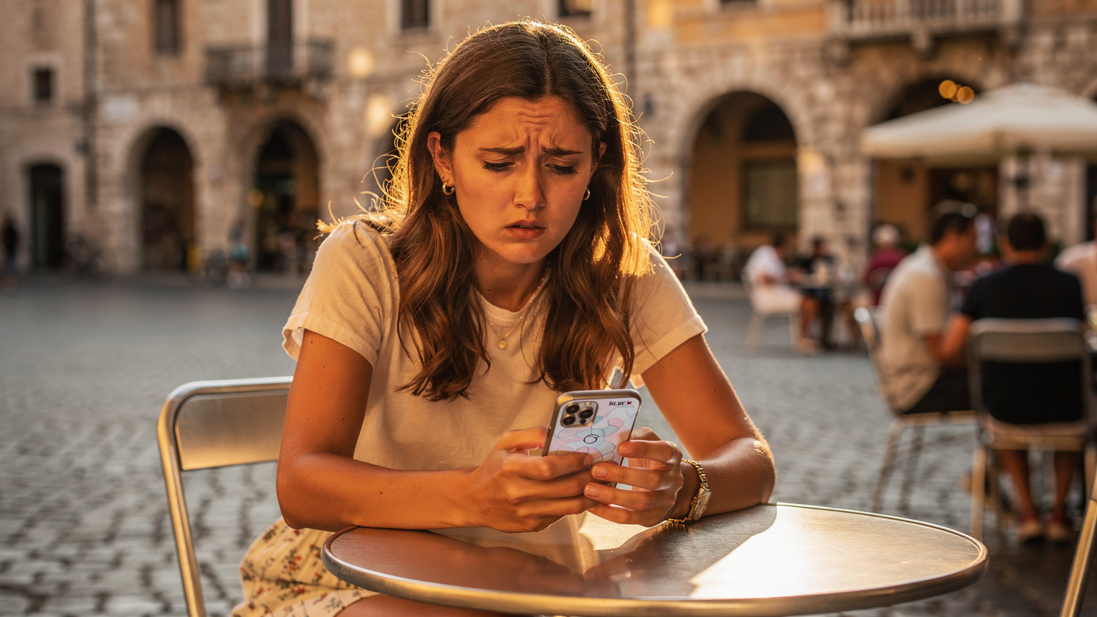 Eine junge Frau sitzt in einem charmanten italienischen Straßencafé mit gepflastertem Boden und alten Gebäuden im Hintergrund. Sie blickt besorgt auf ihr Smartphone, das eine Fehlermeldung bei der eSIM-Aktivierung anzeigt.