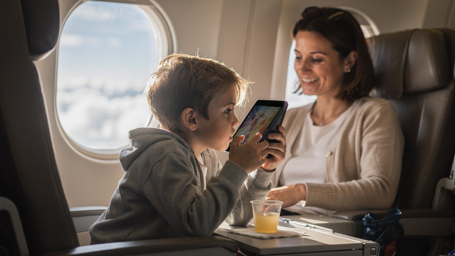 Ein Kind in einem Flugzeug hält ein Tablet und schaut einen Film. Eine Mutter lächelt im Hintergrund, während das Kind völlig in den Film vertieft ist. Eine Tasse mit einem Heißgetränk ist auf dem Klapptisch zu sehen.