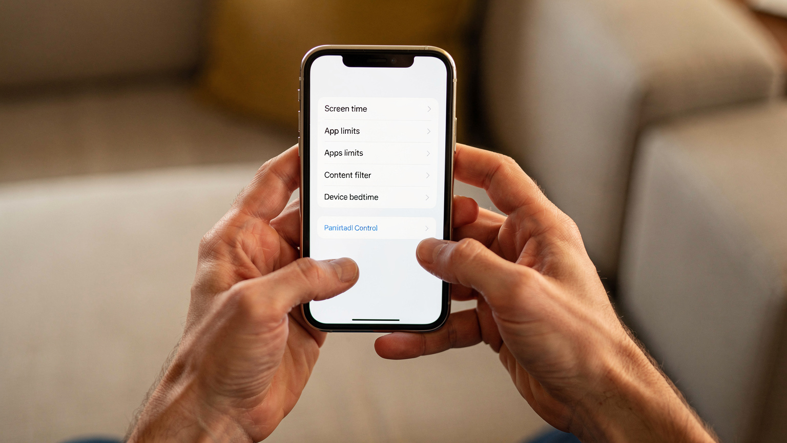 Die Hände eines Elternteils halten ein Smartphone und navigieren durch die Einstellungen für 'Bildschirmzeit' oder 'Family Link', um die Nutzungszeiten und Inhalte für Kinder zu verwalten. Der Hintergrund ist unscharf.