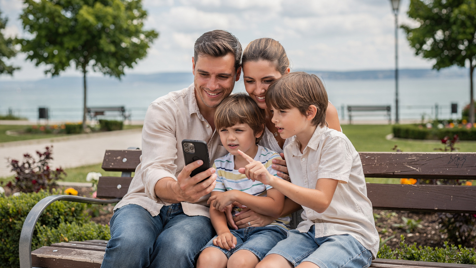 O familie cu doi copii folosește un telefon mobil în timp ce se relaxează pe o bancă într-un parc din Balatonfüred, Ungaria, cu lacul în fundal.