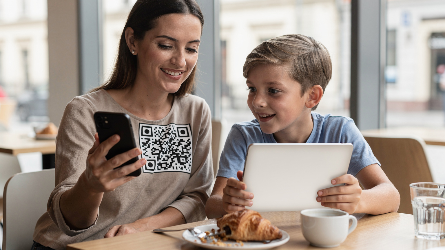 O mamă zâmbitoare arată un cod QR pe telefonul ei unui copil entuziast care ține o tabletă, într-o cafenea modernă și luminoasă din Budapesta.