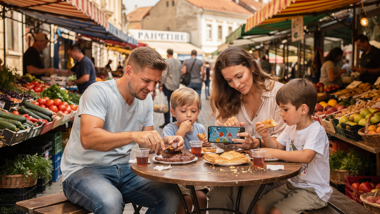 O tânără familie cu copii mici se bucură de o masă cu preparate locale într-o piață aglomerată din Sofia, Bulgaria, consultând o hartă digitală pe un smartphone.