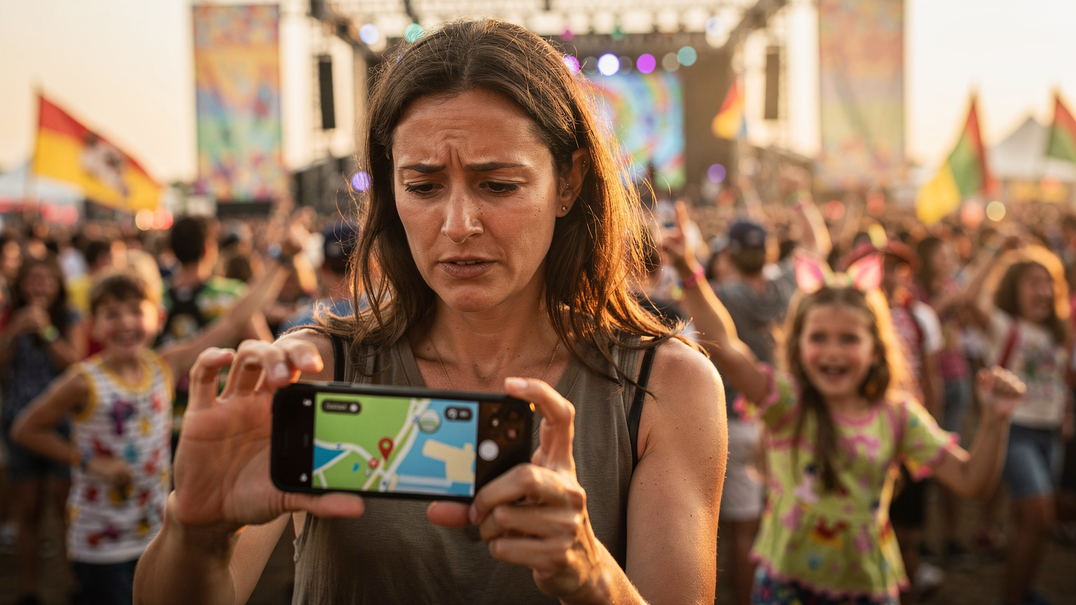 Bir annenin elinde akıllı telefon, çocukları festival kalabalığında eğlenirken harita uygulamasında konumlarını kontrol ediyor.