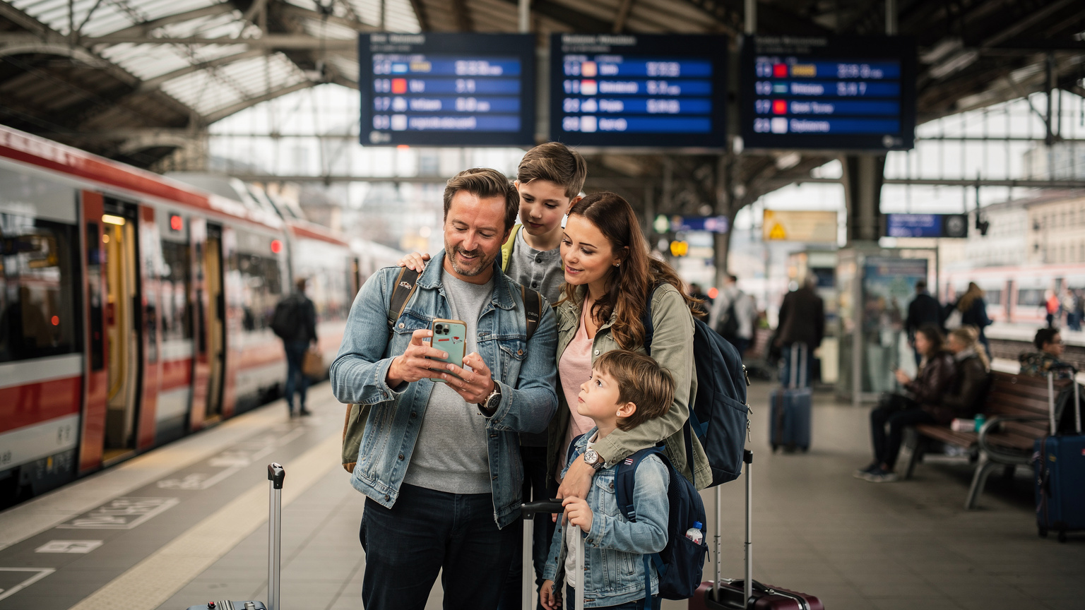 Bir aile, Almanya'da bir tren istasyonunda, peron numarasını kontrol ederken telefonlarındaki Cellesim uygulamasını kullanıyor.