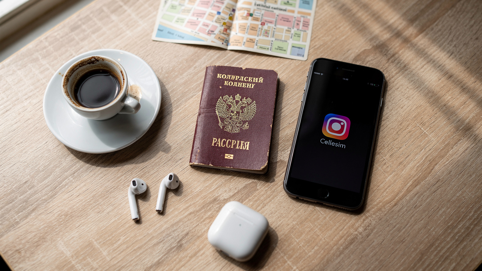 Вид сверху на стол в кафе с паспортом, смартфоном с активной eSIM, чашкой кофе и картой района Истикляль в Стамбуле.