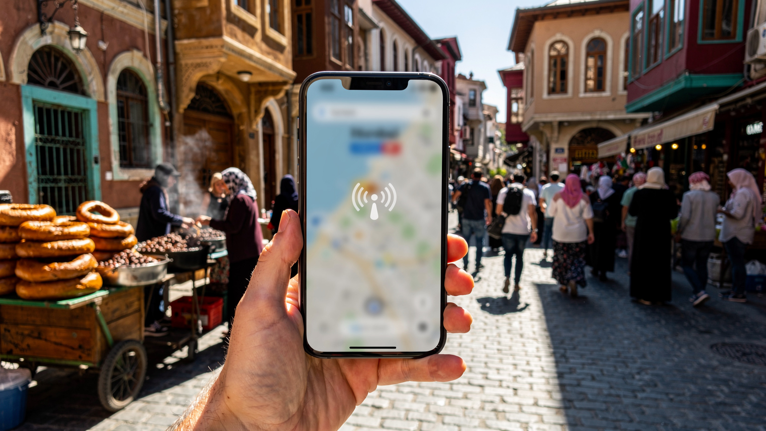 O mână ține un smartphone care afișează un ecran cu harta Istanbulului și o icoană de semnal mobil puternic, în timp ce în fundal se vede o stradă aglomerată din cartierul Fatih, cu vânzători ambulanți și arhitectură otomană.