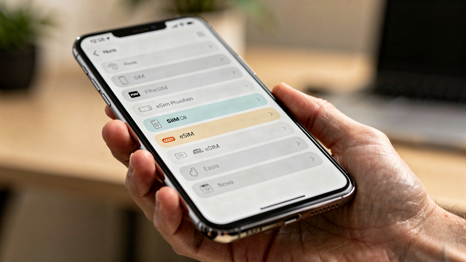 O listă de telefoane compatibile eSIM afișată pe ecranul unui smartphone, într-un cadru curat, minimalist.