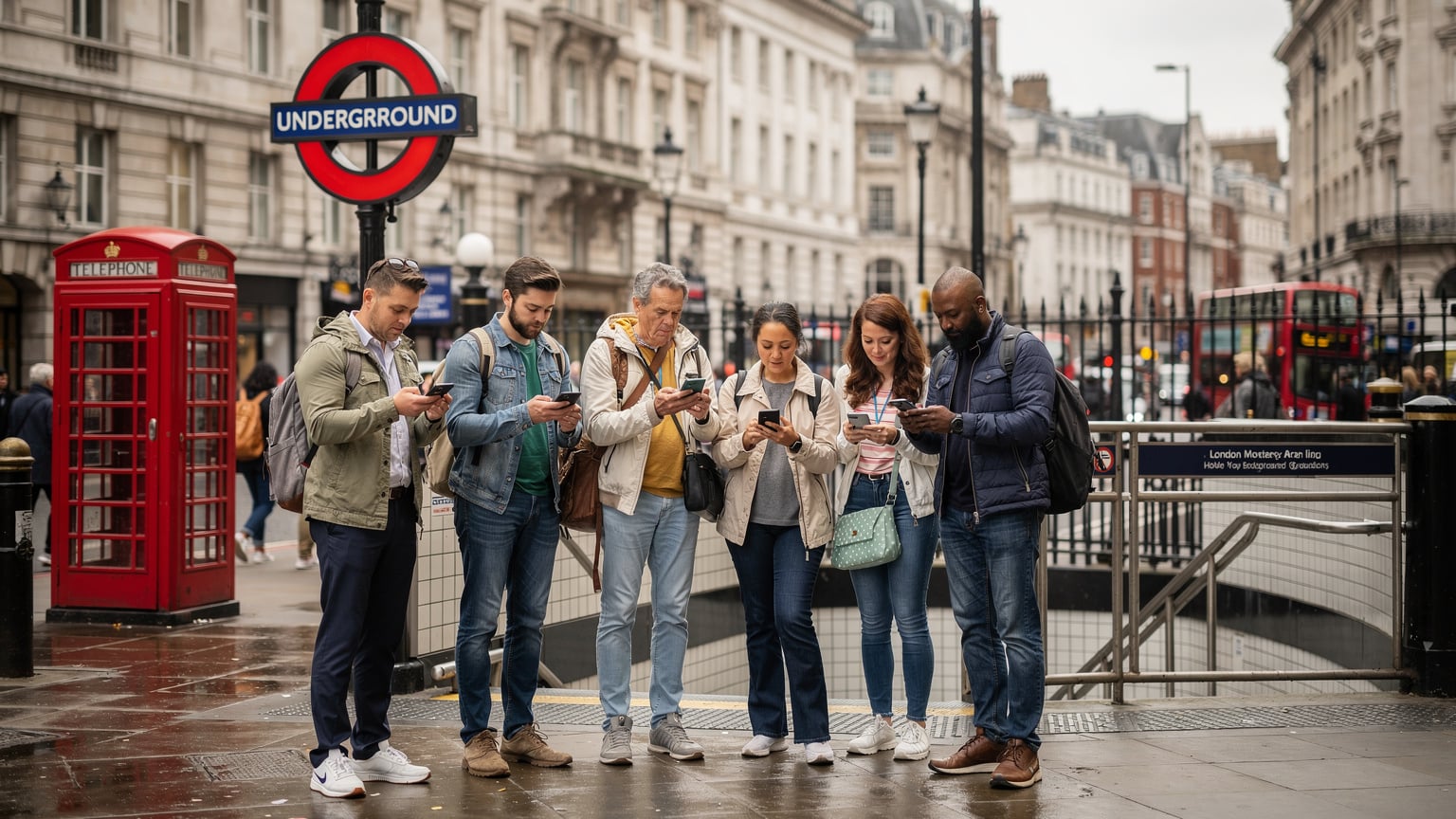 Londra'nın yoğun merkezinde bir metro istasyonunun dışında, telefonuna bakan bir grup insan. Arkalarında kırmızı bir telefon kulübesi ve tipik Londra binaları görülebilir.