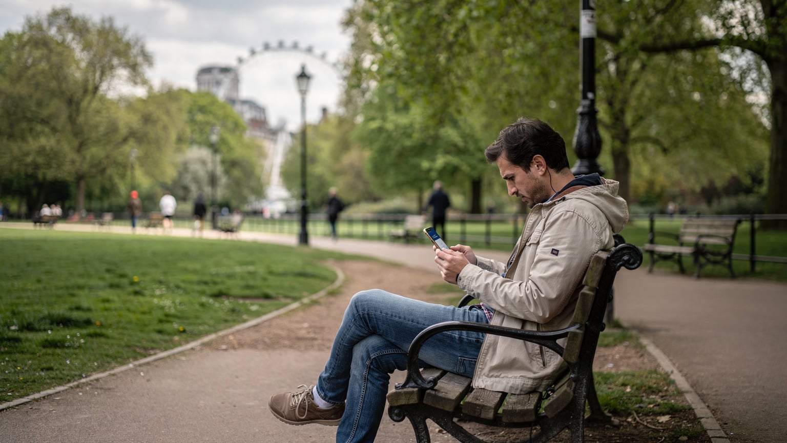 Londra'daki bir parkta bankta oturan bir turist, telefonunda haritalara bakarken şaşkın ve biraz sinirli bir ifadeyle ekrana odaklanmış. Telefon ekranında 'No Internet Connection' (İnternet Bağlantısı Yok) mesajı okunuyor.