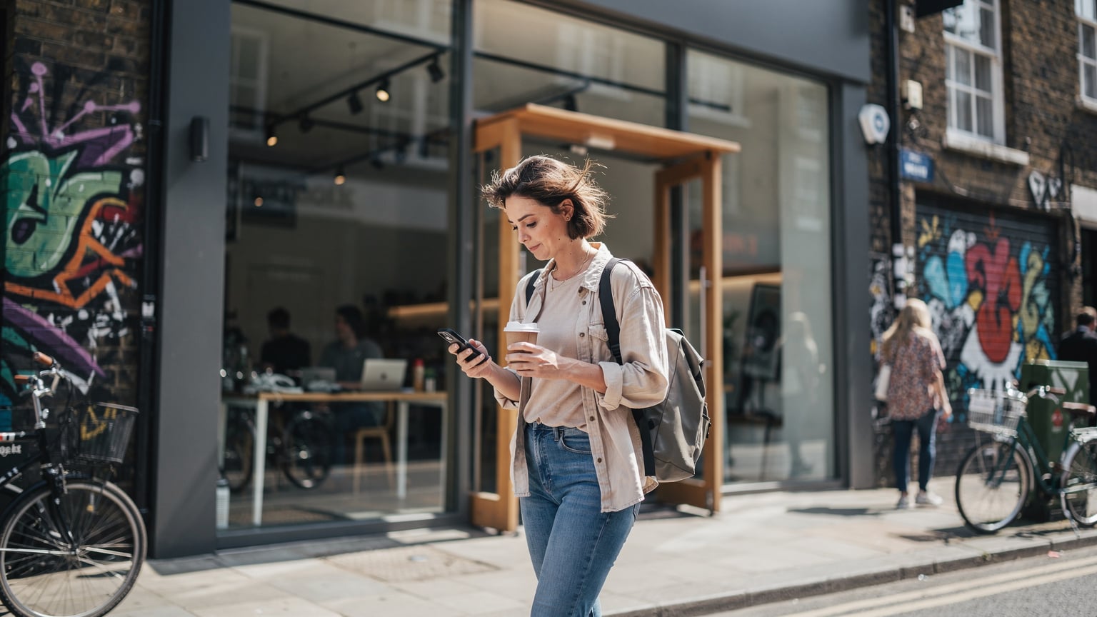Londra'da, Shoreditch'teki hareketli bir caddede dijital nomad bir kadın, elinde kahvesiyle bir co-working space'e girerken telefonuna bakıyor. Mekanın modern bir tabelası ve dışarıdan görünen şık iç mekanı dikkat çekiyor.