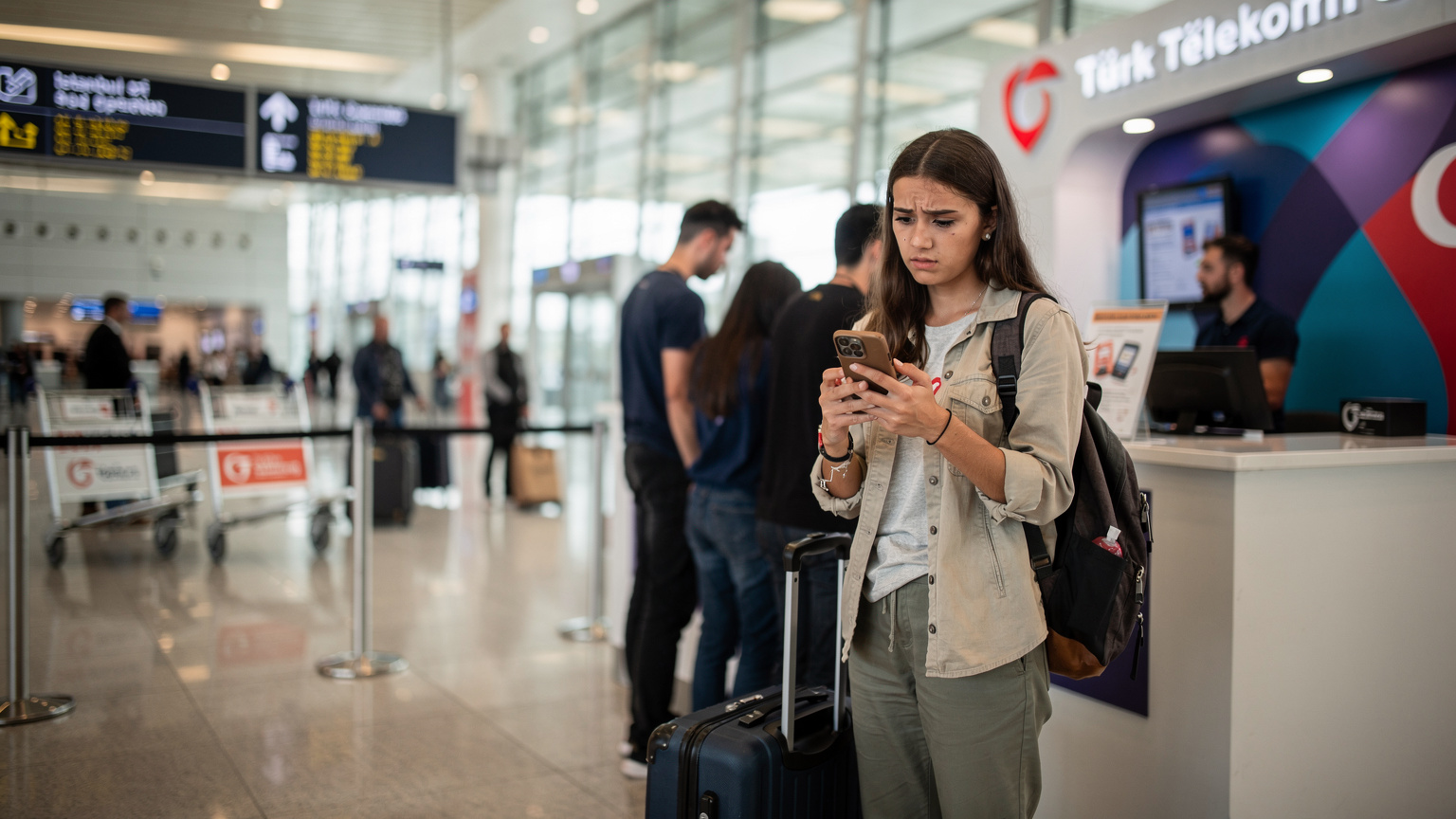 Bir gezgin, İstanbul Havalimanı (IST) çıkışında, yerel bir telefon operatörünün standında SIM kart almak için kuyrukta beklerken, yüzünde sabırsız bir ifade var. Telefonu elinde, ancak henüz interneti yok.