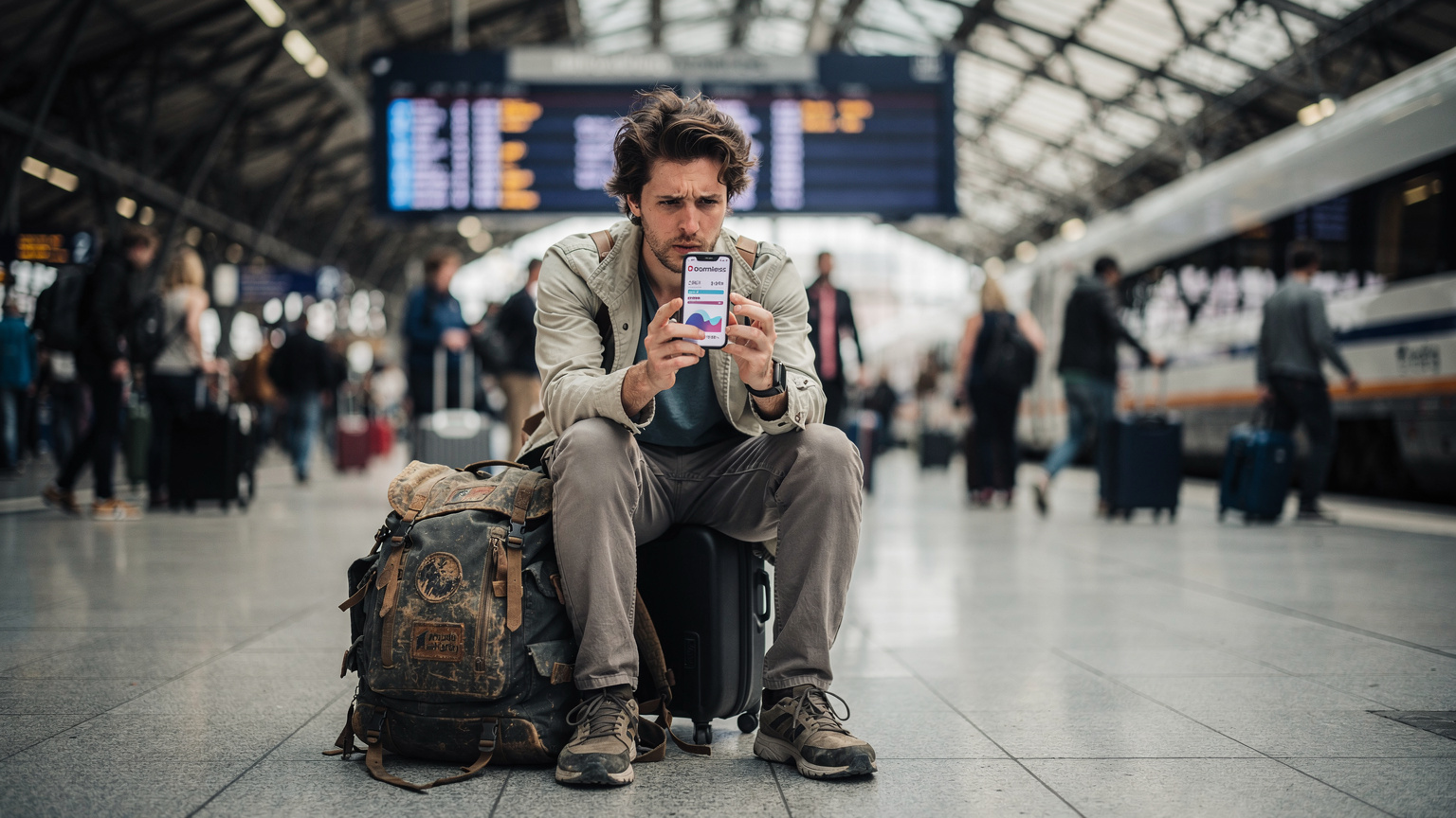 Bir gezgin, kalabalık bir Avrupa tren istasyonunda, valizinin üzerinde telefonundaki Roamless uygulamasının veri kullanım istatistiklerini inceliyor. Yüzünde hesap kitap yapan bir ifade var.