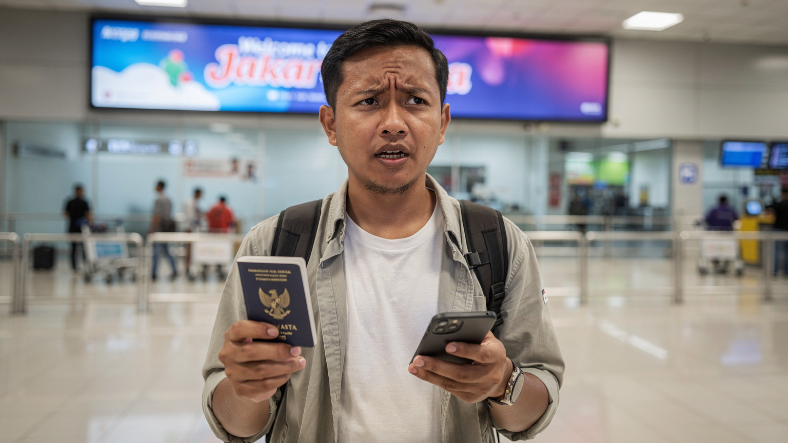 Seorang pria memegang paspor Indonesia dan ponsel, menunjukkan ekspresi sedikit kebingungan atau ketidaknyamanan di area kedatangan bandara, dengan latar belakang papan informasi penerbangan yang menunjukkan 'Welcome to Jakarta'.