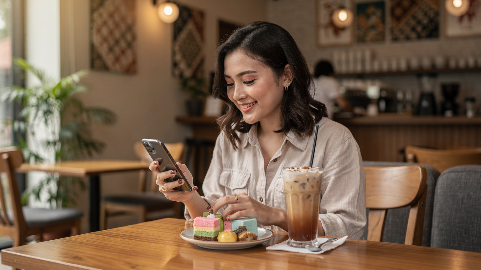 Seorang wanita menikmati kudapan, kue tradisional Indonesia, dan minuman di sebuah kafe di Jakarta, sambil melihat dan mengelola profil eSIM di ponselnya, dengan latar belakang suasana kafe yang nyaman.