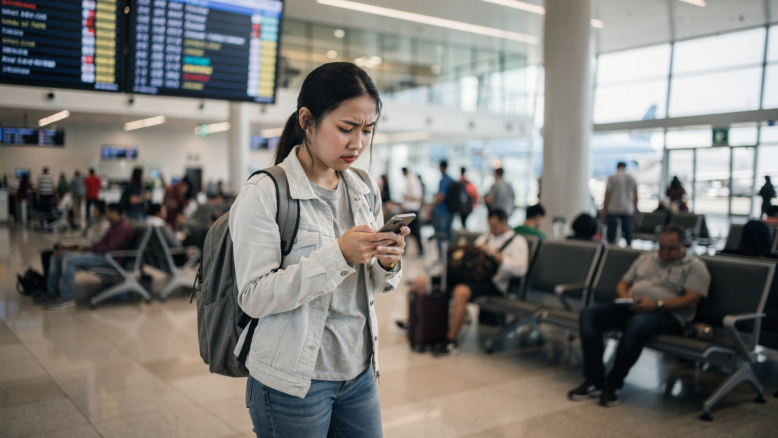 Seorang wanita muda dengan ransel sedang memeriksa ponselnya di area keberangkatan bandara yang ramai di Bandara Internasional Soekarno-Hatta, Cengkareng, dengan latar belakang papan informasi penerbangan yang menampilkan jadwal.