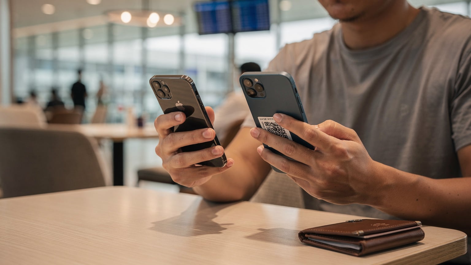 一名中国游客坐在曼谷素万那普机场的咖啡馆里,用左手拿着一部iPhone,右手拿着另一部手机,正在扫描一部手机屏幕上的eSIM二维码。