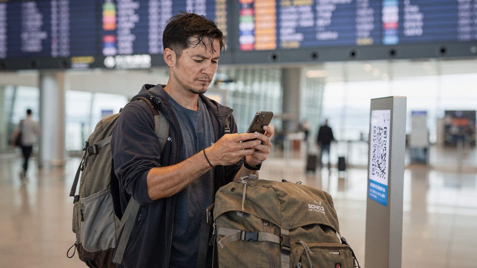 Un viaggiatore sta scansionando un codice QR per attivare la sua eSIM al terminal degli arrivi dell'aeroporto internazionale di Incheon, con valigie in primo piano e un tabellone degli arrivi sullo sfondo.
