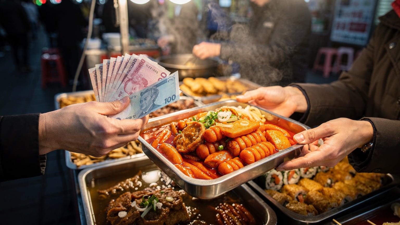 Un primo piano di mani che scambiano denaro contante per un piatto di tteokbokki appena preparato da un vivace chiosco di cibo di strada nel quartiere di Myeongdong a Seul, con vapore che sale dal cibo.