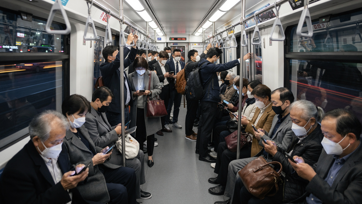 Una scena affollata all'interno di un vagone della metropolitana di Seul durante l'ora di punta, con pendolari che tengono i loro smartphone e indossano maschere facciali, mettendo in evidenza l'efficienza ma anche la densità della vita urbana.